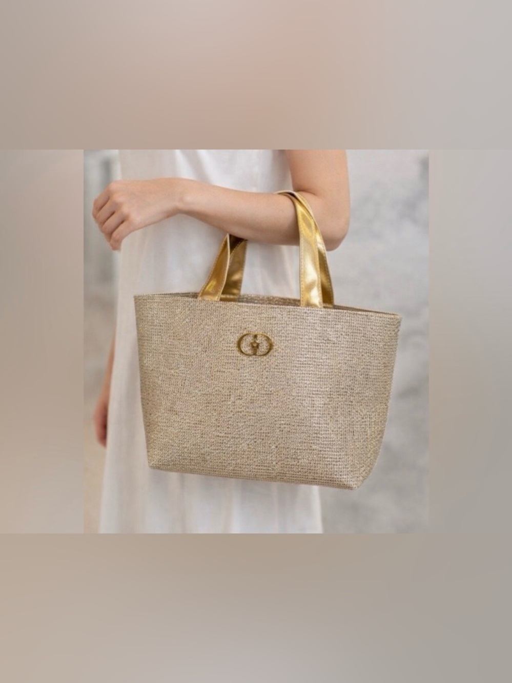 Gold Metallic Straw Tote Bag with Gold Handles